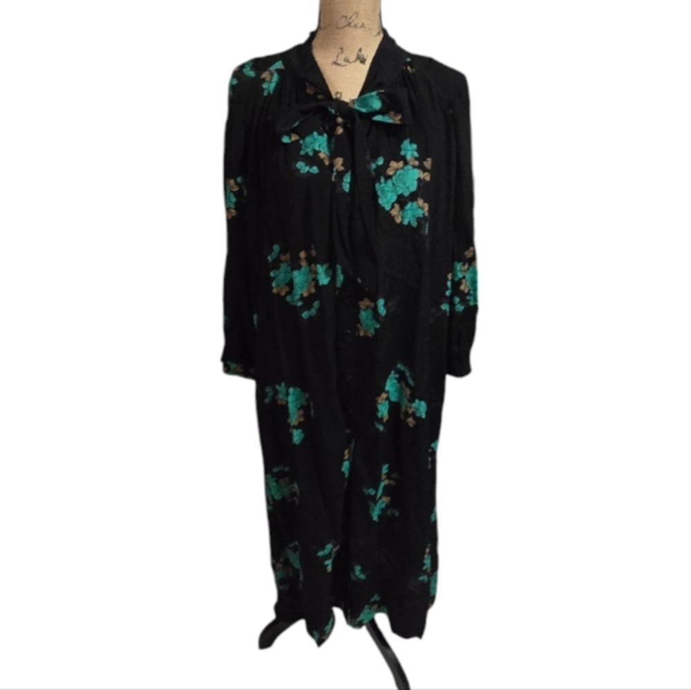 Buru Tie Neck Bow HouseCoat Dress Loose Flowy Modest Oversized Midi Floral Small